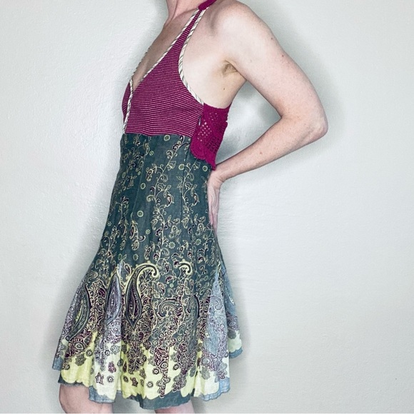 Retro Free People Crochet Floral Hippie Tank Mini Linen Dress - Picture 3 of 6